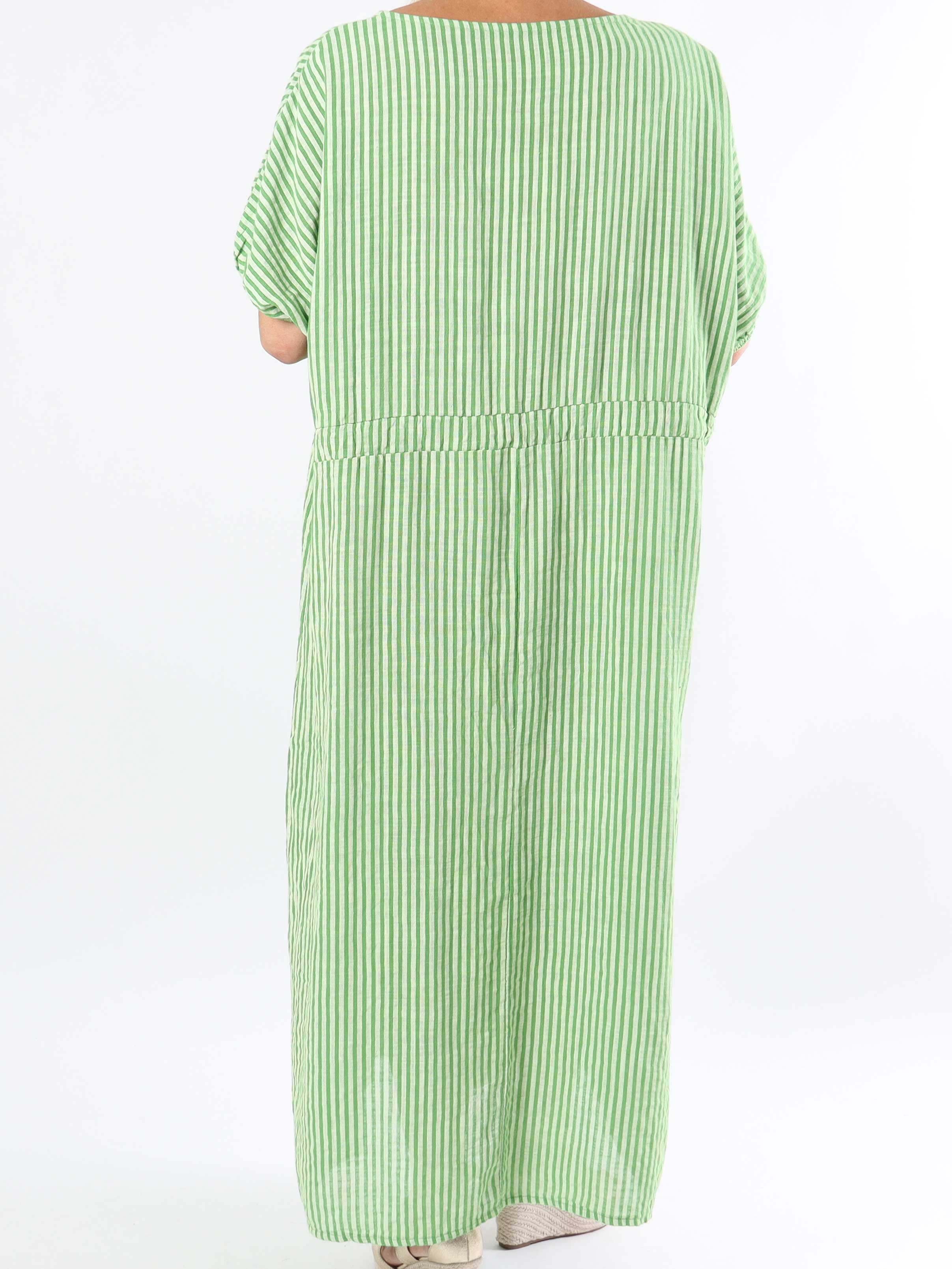 Ellie - Lang plus size kjole med striber og bindebånd